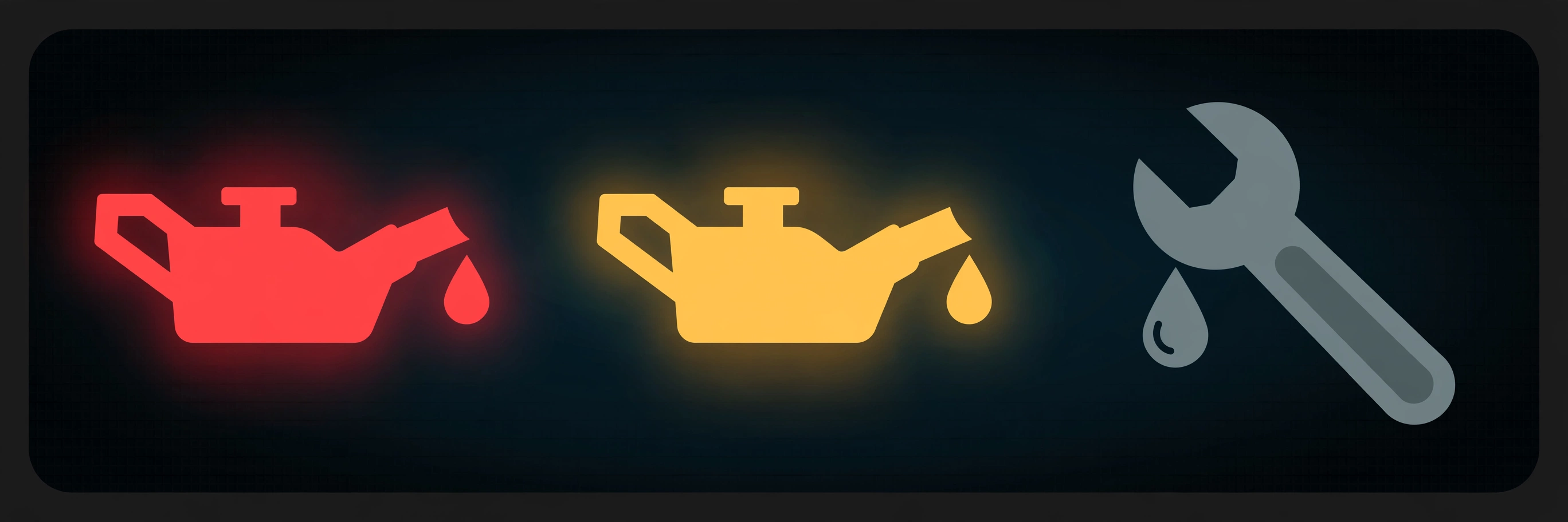 Illustrative panel of three generic oil-related dashboard symbols: a red oil can, a yellow oil can, and a gray maintenance wrench with an oil drop